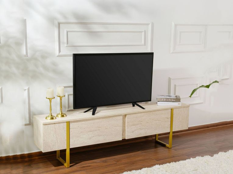 Mobile Porta tv Beige oro un Ripiano Apertura a Ribalta 180x30x50h cm, 2 Ante - Lilith