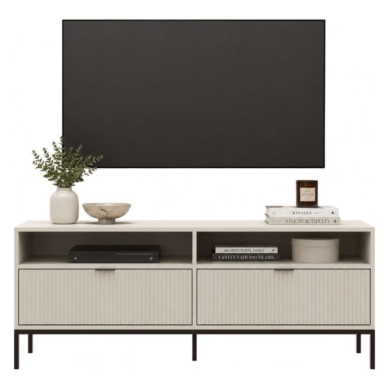 Mobile Porta tv Beige Scuro Nero 2 Cassetti 3 Ripiani 150x40x60h cm, Ante Effetto Rigato - Limame