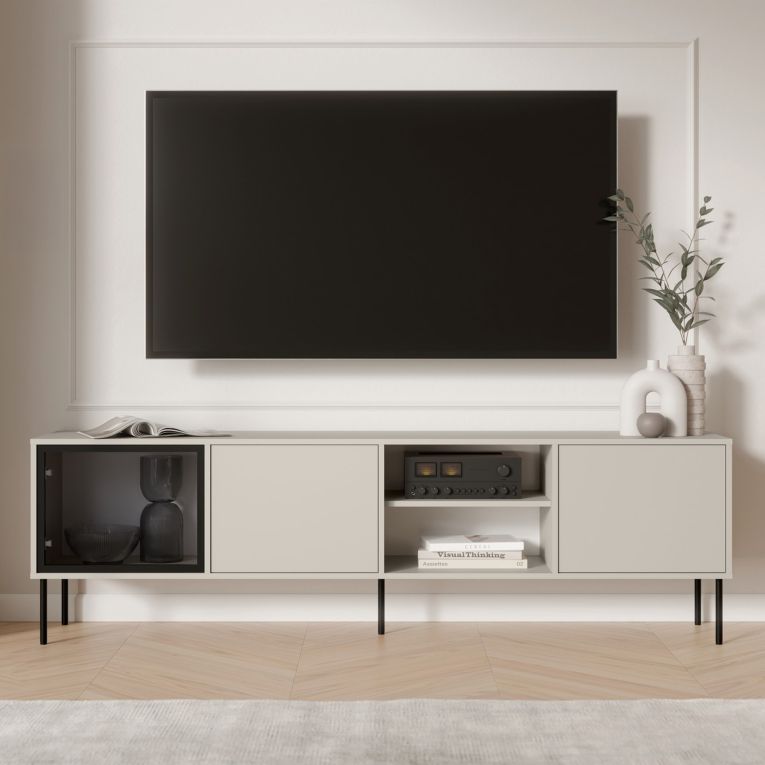 Mobile Porta tv Beige un Ripiano 3 Ante 200x40x60h cm, Anta Dettaglio Vetro - Fiuggi