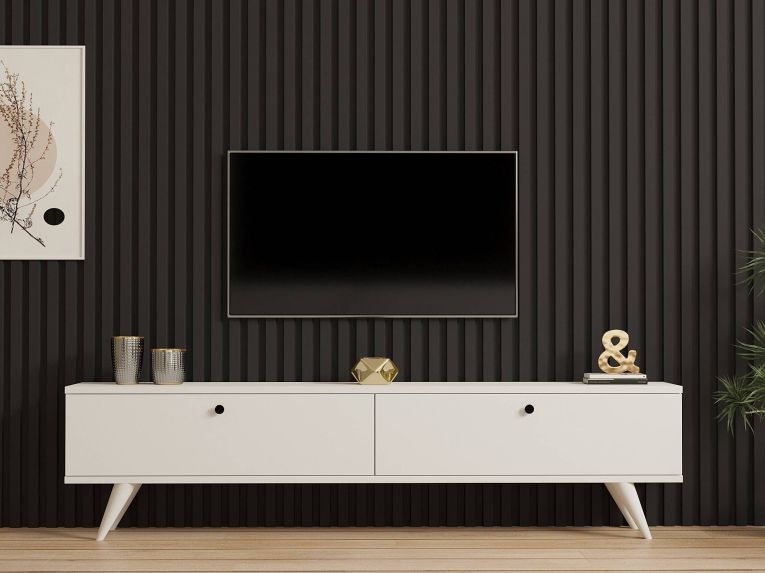 Mobile Porta tv Bianco 2 Ante 2 Vani 160x25x40h cm, Apertura a Ribalta - Atestino