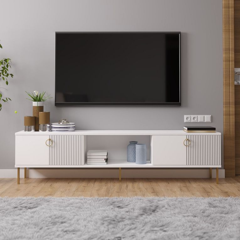 Mobile Porta tv Bianco 2 Ante 3 Vani 180x30x45h cm, Apertura a Ribalta - Imerese