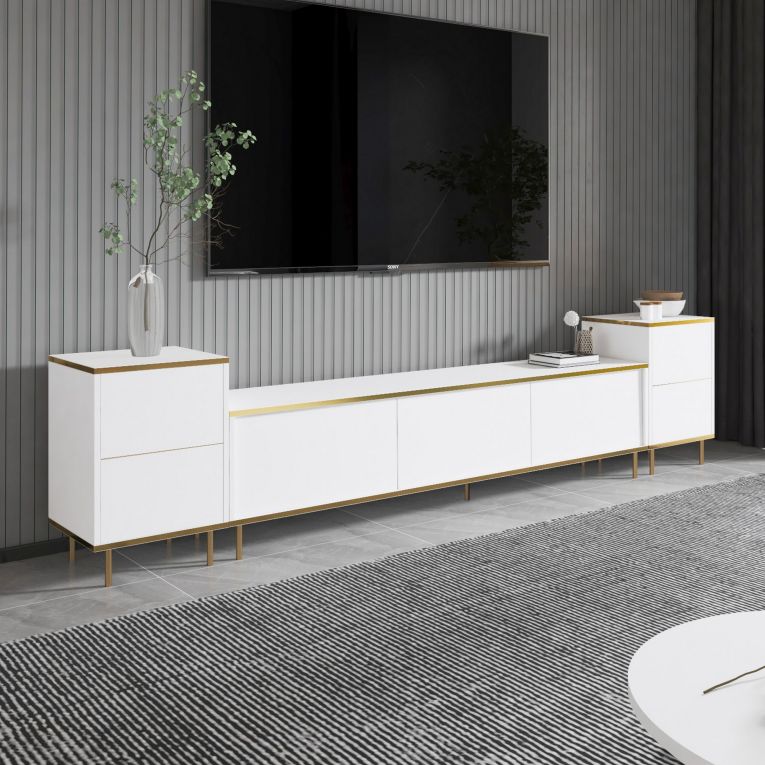 Mobile Porta tv Bianco 2 Ripiani 5 Ante 260x35x45h cm, con Finiture oro - Cortin