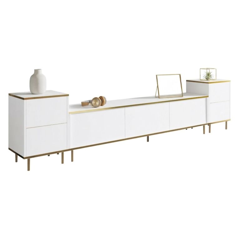 Mobile Porta tv Bianco 2 Ripiani 5 Ante 260x35x45h cm, con Finiture oro - Cortin