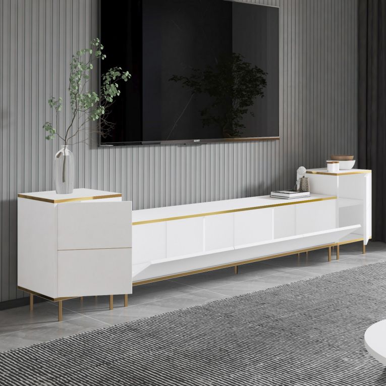 Mobile Porta tv Bianco 2 Ripiani 5 Ante 260x35x45h cm, con Finiture oro - Cortin