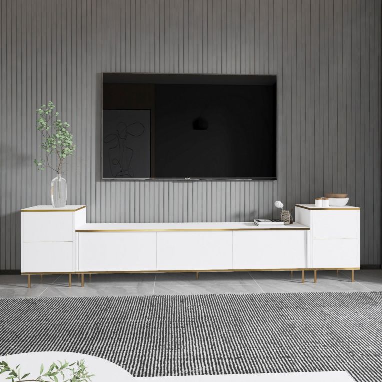 Mobile Porta tv Bianco 2 Ripiani 5 Ante 260x35x45h cm, con Finiture oro - Cortin