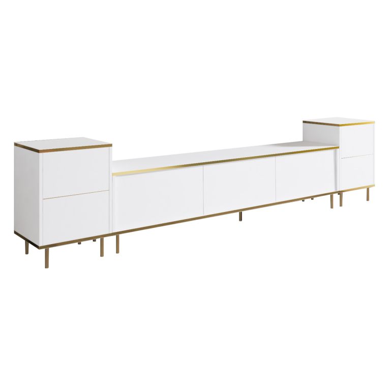 Mobile Porta tv Bianco 2 Ripiani 5 Ante 260x35x45h cm, con Finiture oro - Cortin