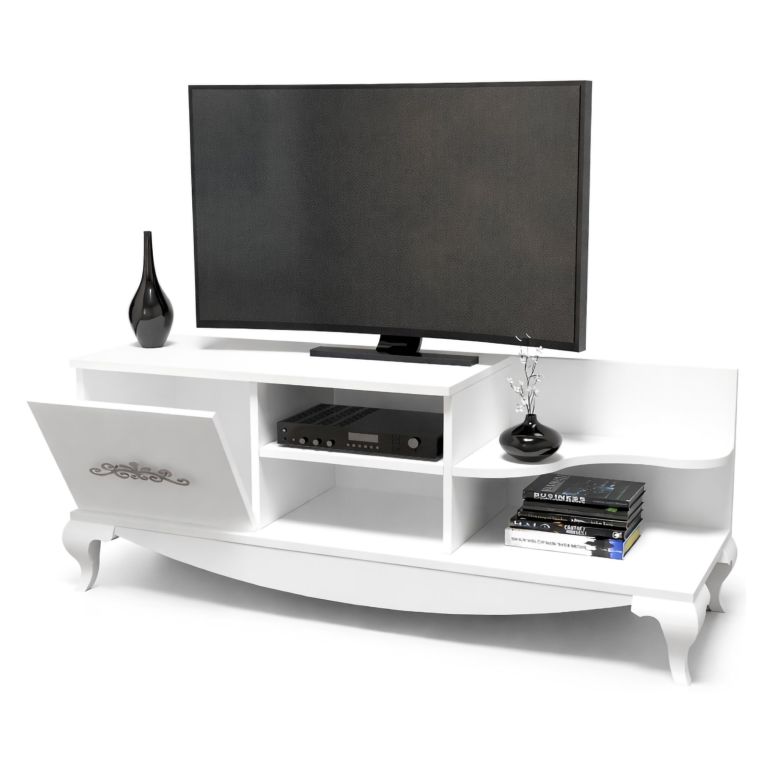 Mobile Porta tv Bianco 2 Ripiani Apertura a Ribalta 130x45x51h cm, Un'anta - Rinaldo