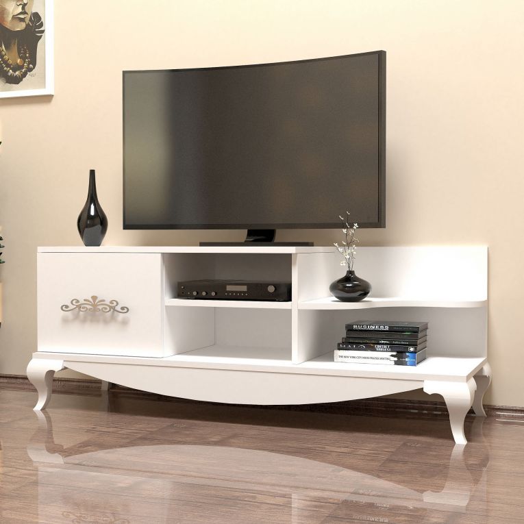 Mobile Porta tv Bianco 2 Ripiani Apertura a Ribalta 130x45x51h cm, Un'anta - Rinaldo