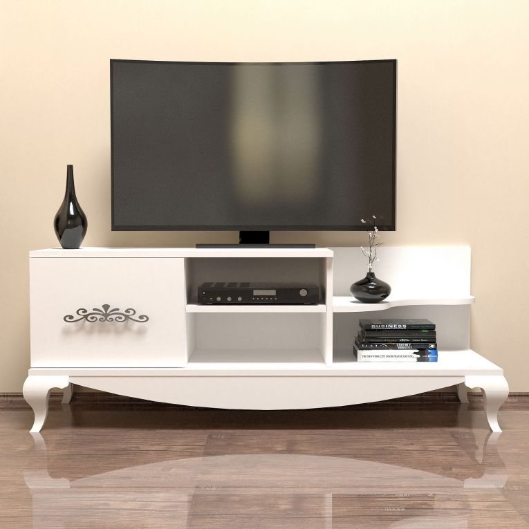 Mobile Porta tv Bianco 2 Ripiani Apertura a Ribalta 130x45x51h cm, Un'anta - Rinaldo