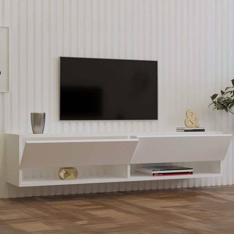 Mobile Porta tv Bianco 2 Ripiani Apertura a Ribalta 141x30x31h cm, 2 Ante - Olmi