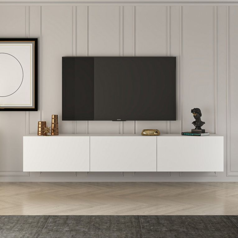 Mobile Porta tv Bianco 3 Ante 3 Vani 150x32x30h cm, Apertura a Ribalta - Saonara