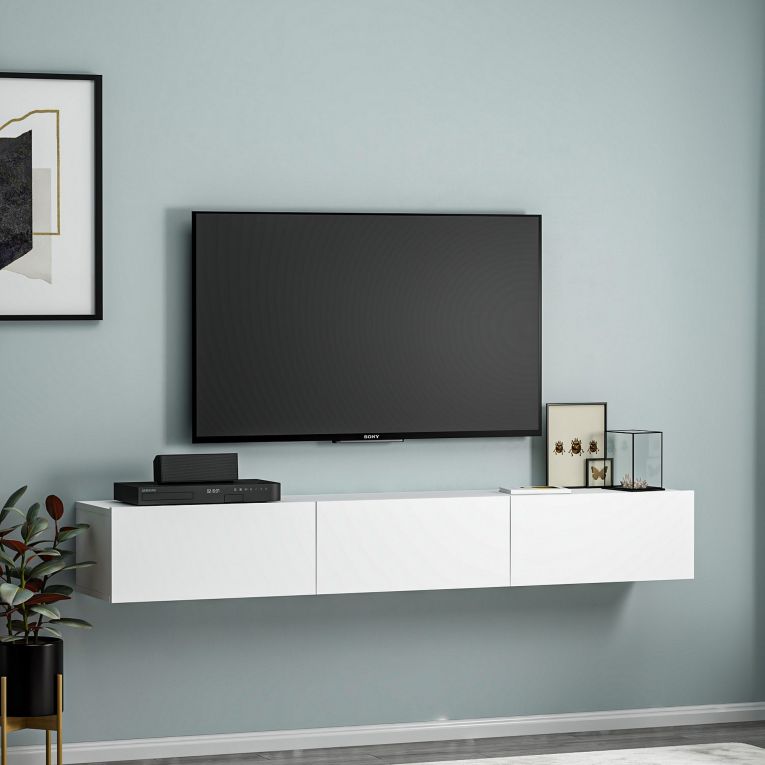 Mobile Porta tv Bianco 3 Ante 3 Vani 180x31x26h cm, Apertura a Ribalta - Lariano