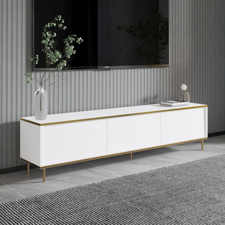 Mobile Porta tv Bianco 3 Ante con Finiture oro 180x35x45h cm, 3 Vani - Sassello
