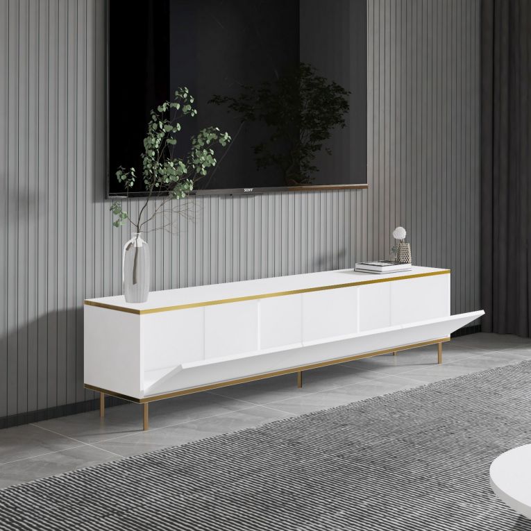 Mobile Porta tv Bianco 3 Ante con Finiture oro 180x35x45h cm, 3 Vani - Sassello