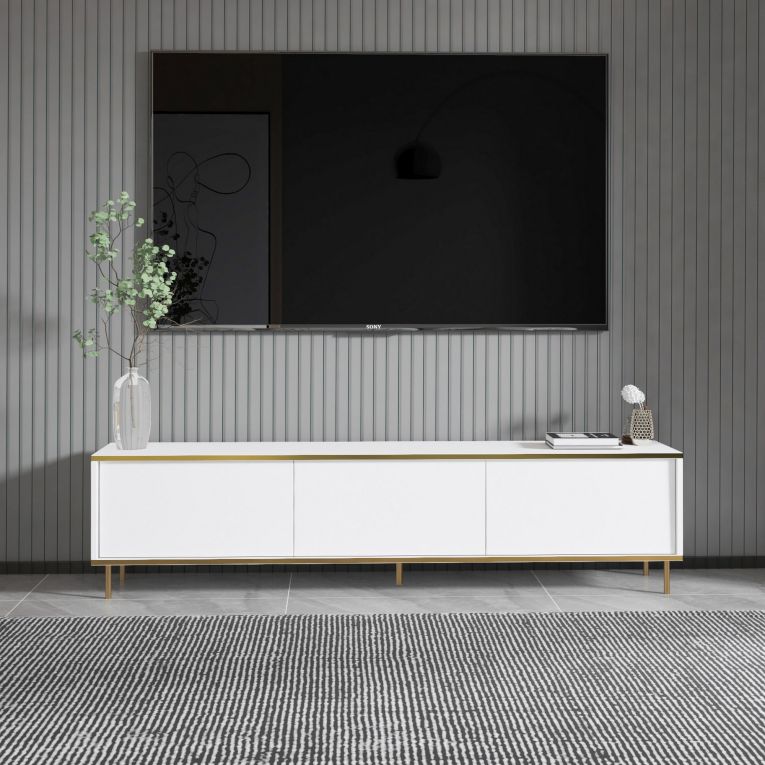 Mobile Porta tv Bianco 3 Ante con Finiture oro 180x35x45h cm, 3 Vani - Sassello
