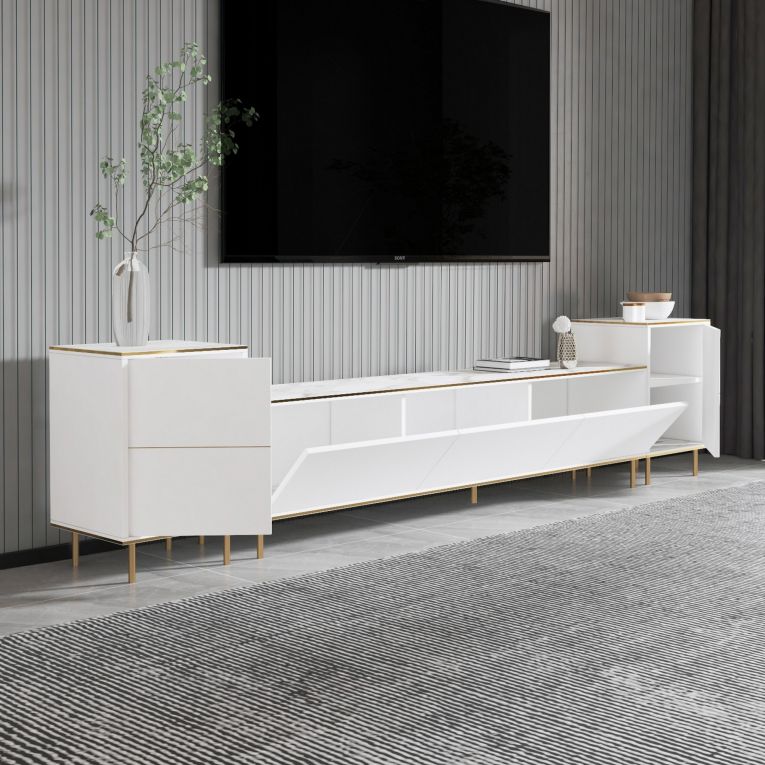 Mobile Porta tv Bianco Bianco Marmo 2 Ripiani 5 Ante 260x35x45h cm, con Finiture oro - Cortin