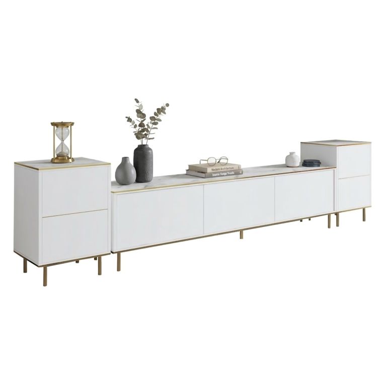 Mobile Porta tv Bianco Bianco Marmo 2 Ripiani 5 Ante 260x35x45h cm, con Finiture oro - Cortin
