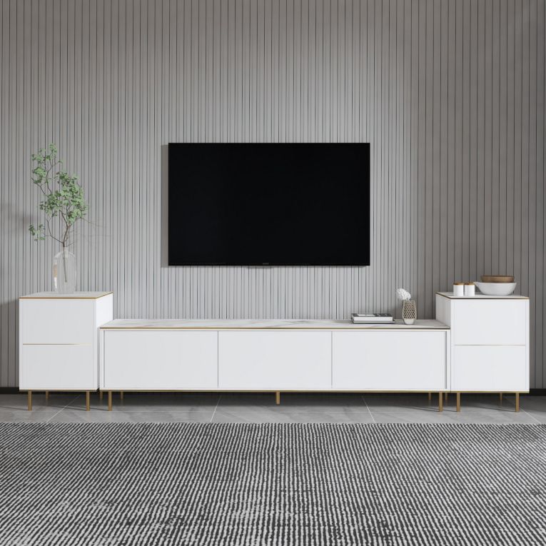 Mobile Porta tv Bianco Bianco Marmo 2 Ripiani 5 Ante 260x35x45h cm, con Finiture oro - Cortin