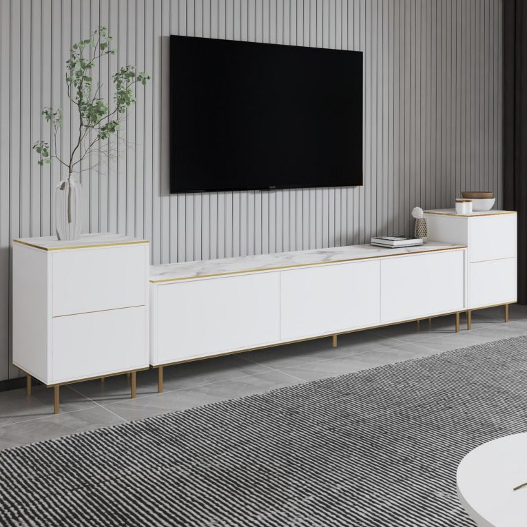 Mobile Porta tv Bianco Bianco Marmo 2 Ripiani 5 Ante 260x35x45h cm, con Finiture oro - Cortin