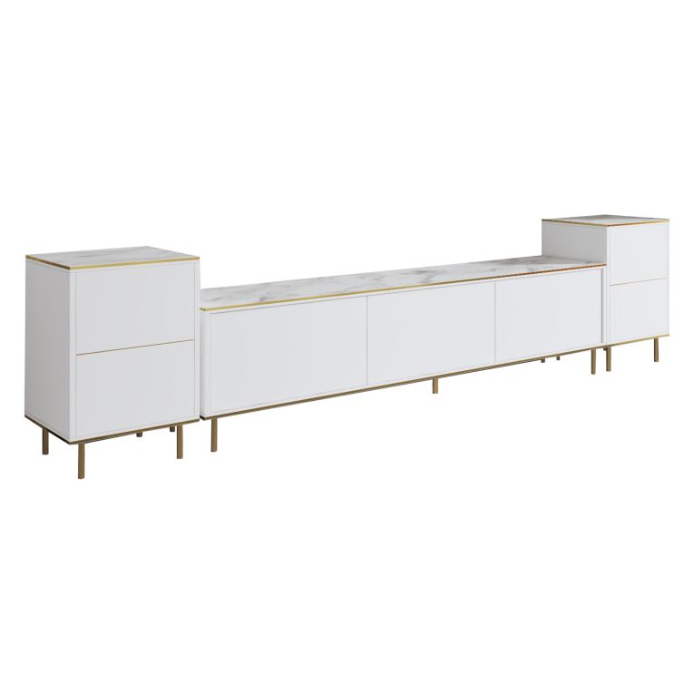 Mobile Porta tv Bianco Bianco Marmo 2 Ripiani 5 Ante 260x35x45h cm, con Finiture oro - Cortin