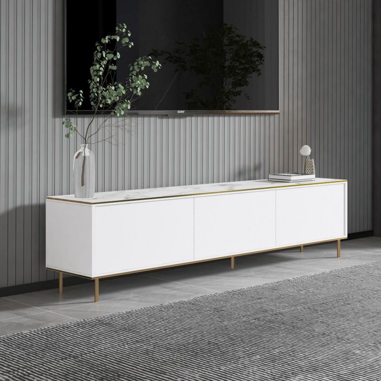 Mobile Porta tv Bianco Bianco Marmo 3 Ante con Finiture oro 180x35x45h cm, 3 Vani - Sassello
