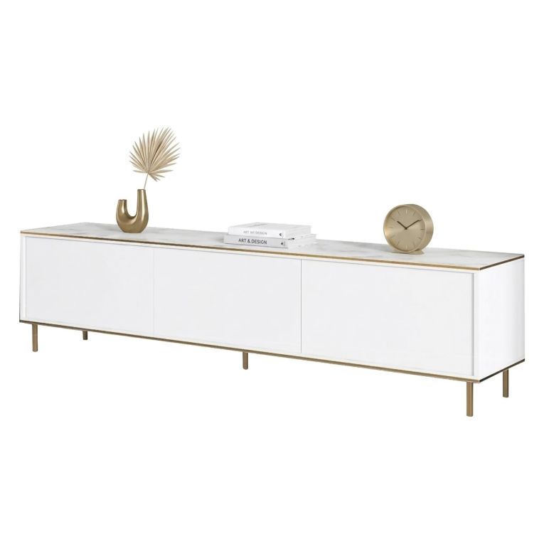 Mobile Porta tv Bianco Bianco Marmo 3 Ante con Finiture oro 180x35x45h cm, 3 Vani - Sassello