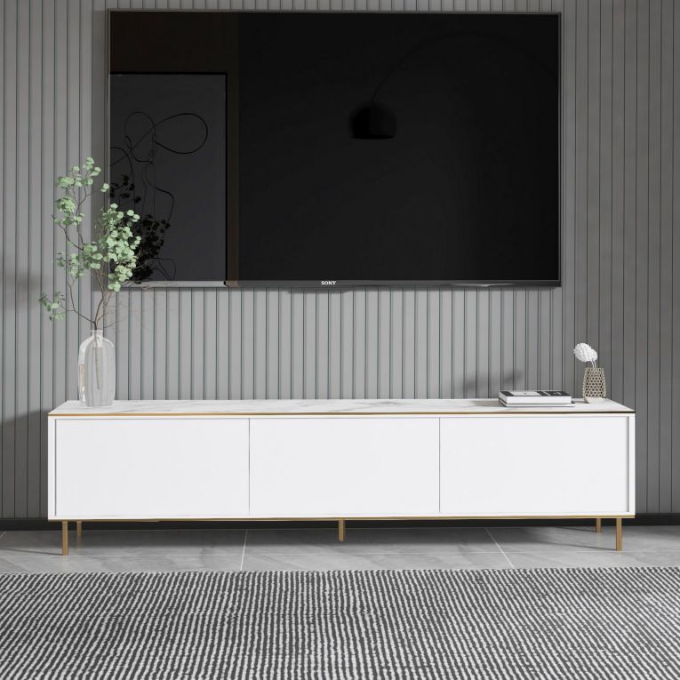 Mobile Porta tv Bianco Bianco Marmo 3 Ante con Finiture oro 180x35x45h cm, 3 Vani - Sassello