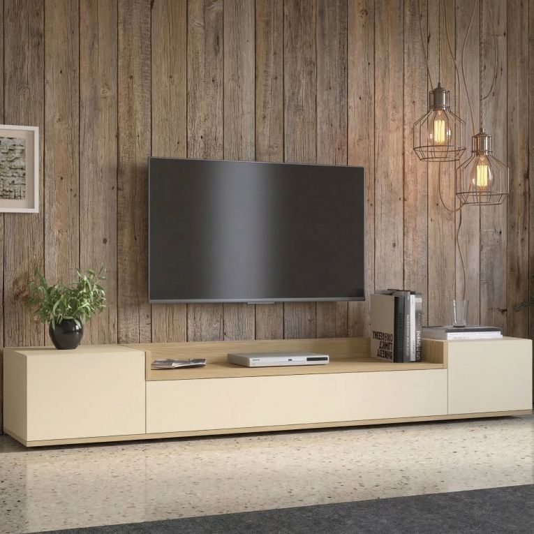 Mobile Porta tv Bianco Cashmere Marrone Rovere Chiaro 3 Ripiani 3 Ante 200x35x30h cm, 4 Vani Made in Italy - Oxanna