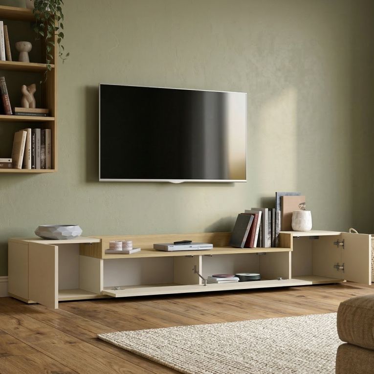 Mobile Porta tv Bianco Cashmere Marrone Rovere Chiaro 3 Ripiani 3 Ante 200x35x30h cm, 4 Vani Made in Italy - Oxanna