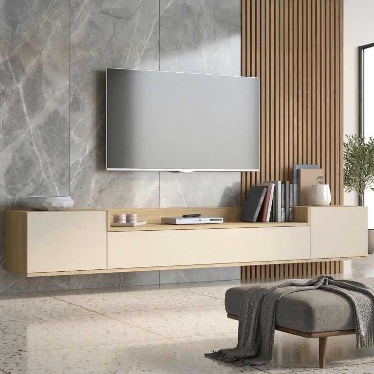 Mobile Porta tv Bianco Cashmere Marrone Rovere Chiaro 3 Ripiani 3 Ante 200x35x30h cm, 4 Vani Made in Italy - Oxanna