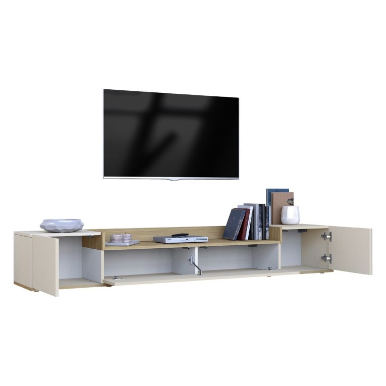Mobile Porta tv Bianco Cashmere Marrone Rovere Chiaro 3 Ripiani 3 Ante 200x35x30h cm, 4 Vani Made in Italy - Oxanna