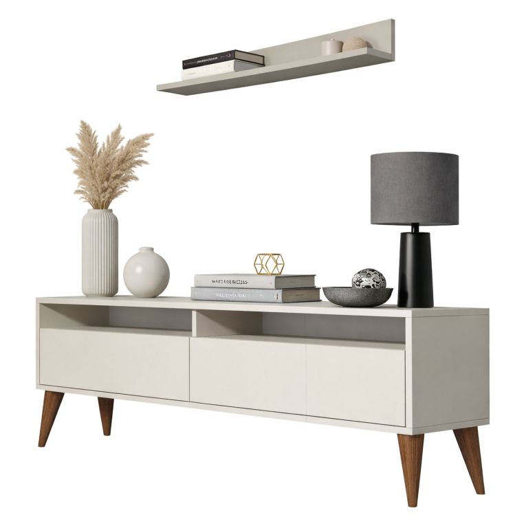 Mobile Porta tv Bianco Crema 3 Ripiani Apertura a Ribalta 150x30x50h cm, 2 Ante - Maglie