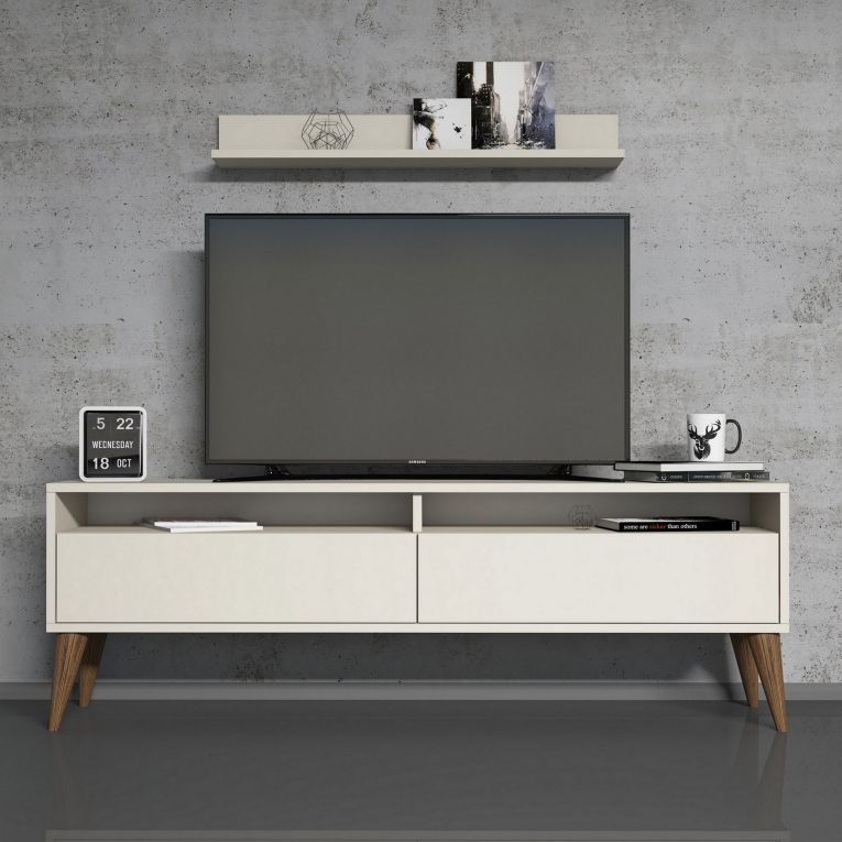 Mobile Porta tv Bianco Crema 3 Ripiani Apertura a Ribalta 150x30x50h cm, 2 Ante - Maglie