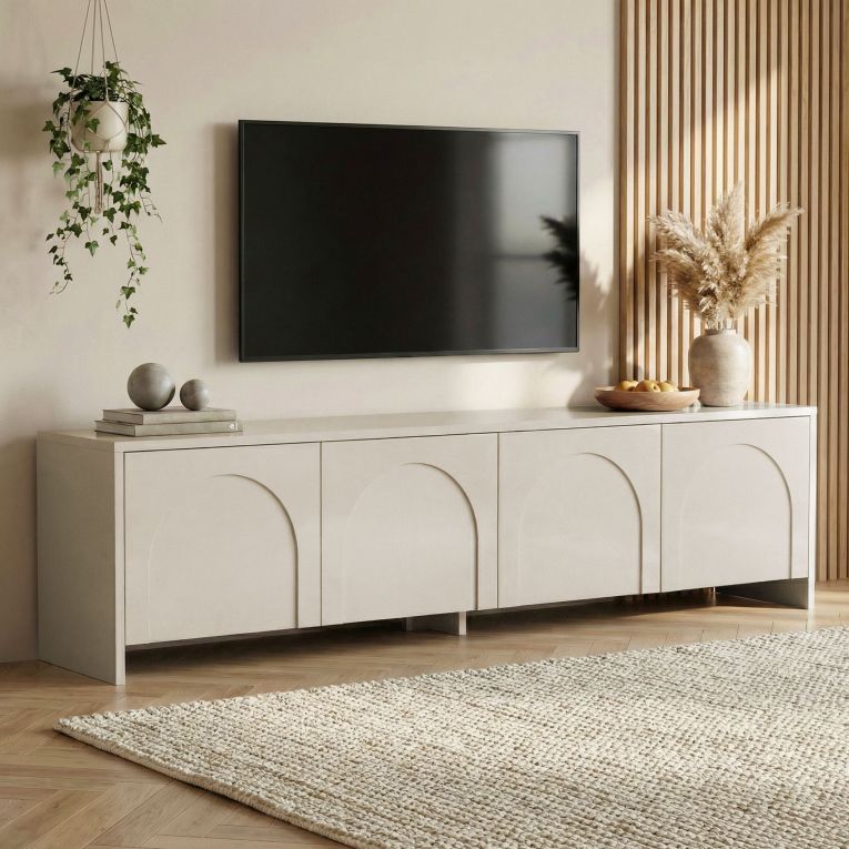 Mobile Porta tv Bianco Crema Apertura a Ribalta 4 Ante 180x32x45h cm, 2 Vani - Noma