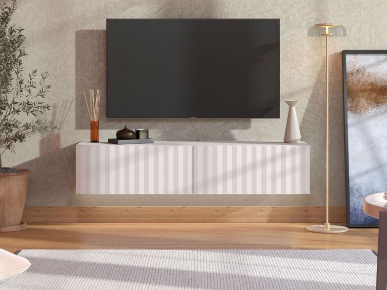 Mobile Porta tv Bianco Crema Beige un Ripiano 2 Ante 154x42x32h cm, 2 Vani - Maderno