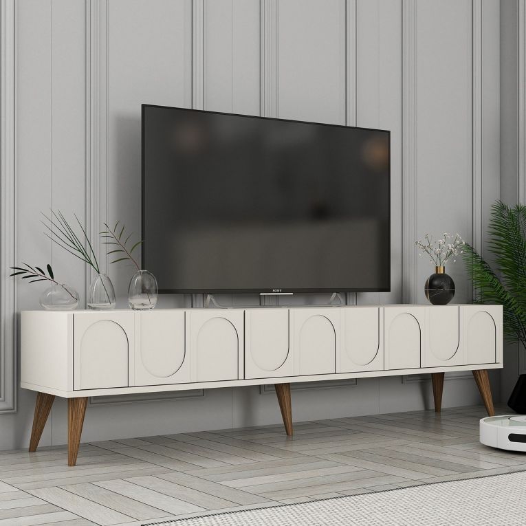 Mobile Porta tv Bianco Crema Marrone Noce 3 Ante Apertura a Ribalta 180x35x44h cm, 3 Vani - Scafa