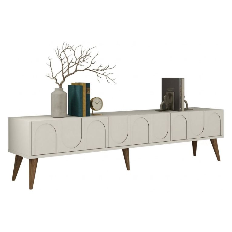 Mobile Porta tv Bianco Crema Marrone Noce 3 Ante Apertura a Ribalta 180x35x44h cm, 3 Vani - Scafa