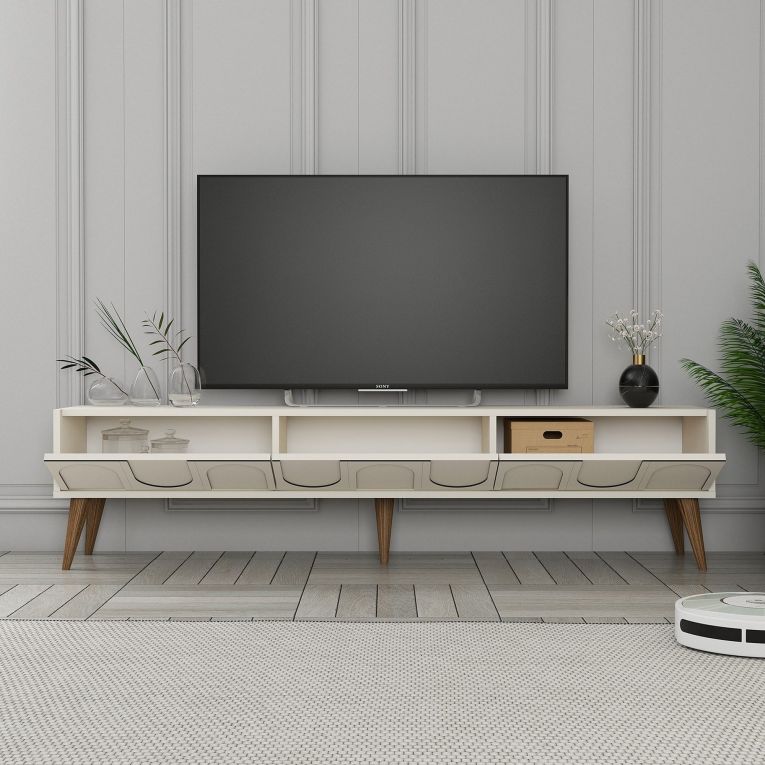 Mobile Porta tv Bianco Crema Marrone Noce 3 Ante Apertura a Ribalta 180x35x44h cm, 3 Vani - Scafa