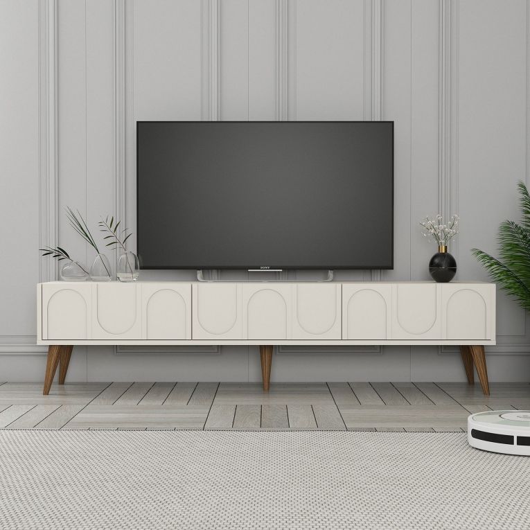 Mobile Porta tv Bianco Crema Marrone Noce 3 Ante Apertura a Ribalta 180x35x44h cm, 3 Vani - Scafa