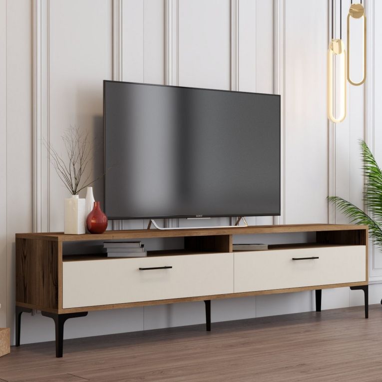Mobile Porta tv Bianco Crema Marrone Rovere 2 Ripiani 2 Ante 180x47x35h cm, 4 Vani - Cantoira