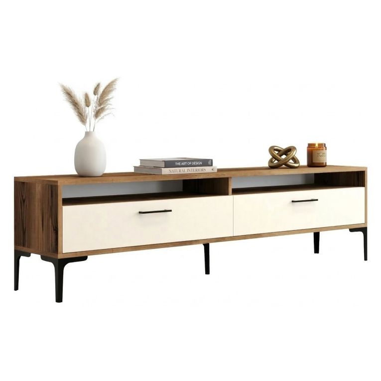 Mobile Porta tv Bianco Crema Marrone Rovere 2 Ripiani 2 Ante 180x47x35h cm, 4 Vani - Cantoira