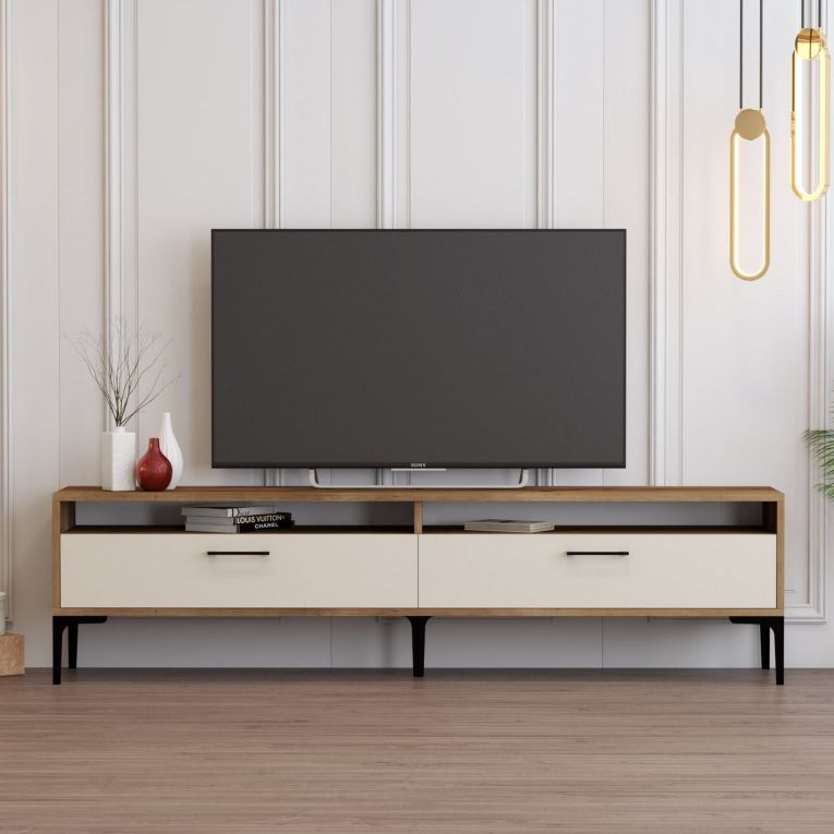 Mobile Porta tv Bianco Crema Marrone Rovere 2 Ripiani 2 Ante 180x47x35h cm, 4 Vani - Cantoira