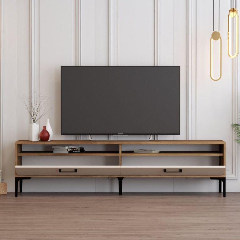 Mobile Porta tv Bianco Crema Marrone Rovere 2 Ripiani 2 Ante 180x47x35h cm, 4 Vani - Cantoira