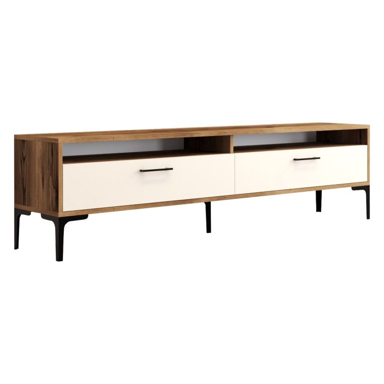 Mobile Porta tv Bianco Crema Marrone Rovere 2 Ripiani 2 Ante 180x47x35h cm, 4 Vani - Cantoira