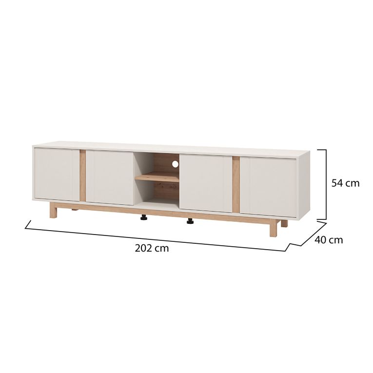 Mobile Porta tv Bianco Crema Marrone Rovere 2 Ripiani 4 Ante 202x40x54h cm, con Piedini - Capaci