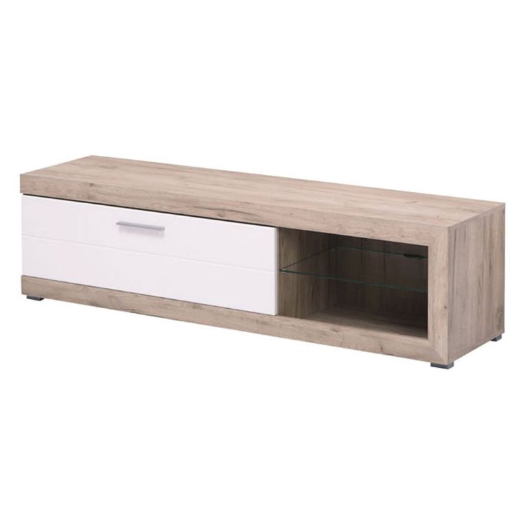Mobile Porta tv Bianco Crema Marrone Rovere Nodi 2 Ripiani 4 Vani 162x41.5x43.5h cm, Un'anta - Pompu