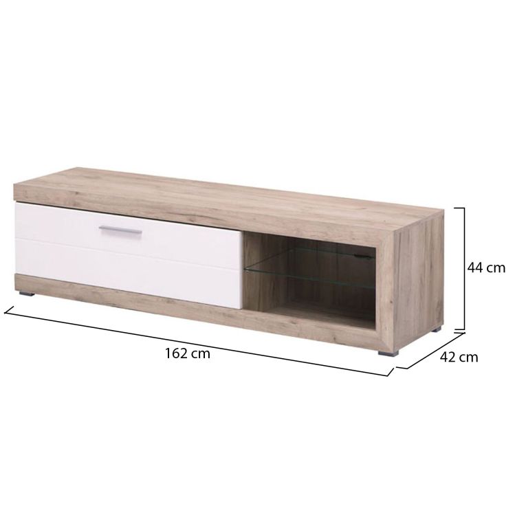 Mobile Porta tv Bianco Crema Marrone Rovere Nodi 2 Ripiani 4 Vani 162x41.5x43.5h cm, Un'anta - Pompu