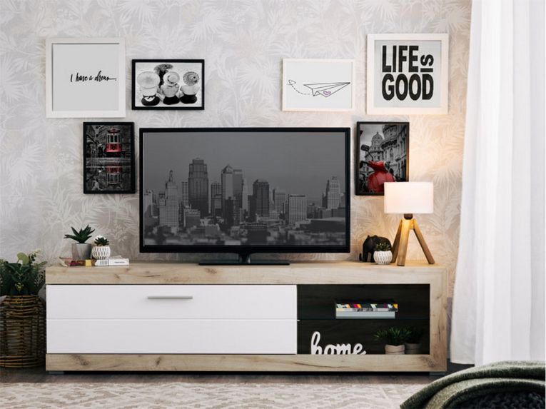 Mobile Porta tv Bianco Crema Marrone Rovere Nodi 2 Ripiani 4 Vani 162x41.5x43.5h cm, Un'anta - Pompu