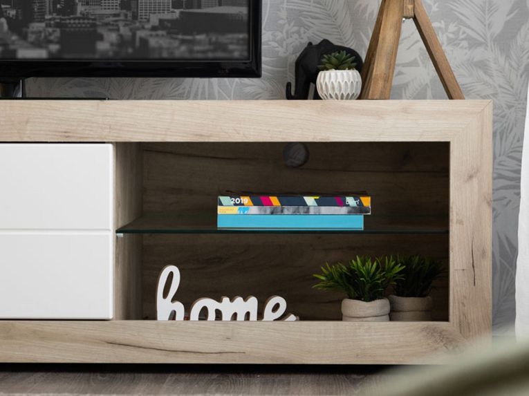 Mobile Porta tv Bianco Crema Marrone Rovere Nodi 2 Ripiani 4 Vani 162x41.5x43.5h cm, Un'anta - Pompu