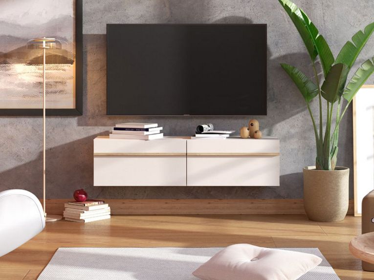 Mobile Porta tv Bianco Crema Marrone Rovere un Ripiano 2 Vani 128x41.5x32h cm, 2 Ante - Sirolo